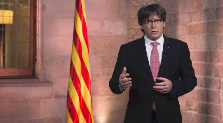 Carles Puigdemont durant el discurs previ a la Diada de demà. Rubén Moreno