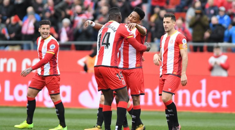 Celebració d'Olunga després del segon gol del partit. Girona FC