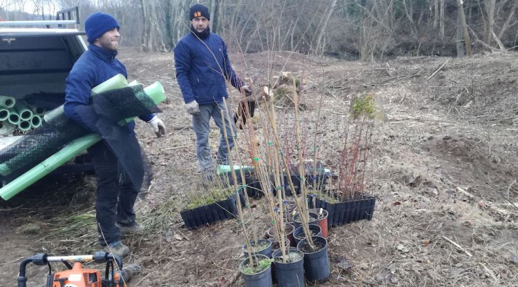 Dos operaris treballant en la plantació d'arbres a l'entorn del Fluvià