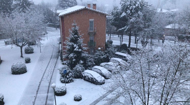Aspecte de la ciutat d'Olot emblanquinada per la neu ahir al vespre. ACN