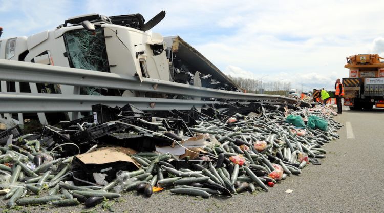 El camió accidentat amb la càrrega tirada per l'autopista. ACN