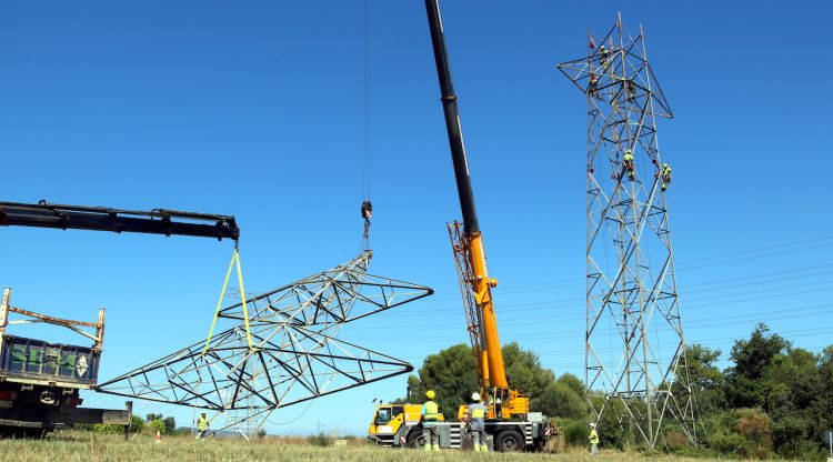 Moment en què els operaris desmunten una de les torres de la línia de 220 kV a tocar de la subestació de La Farga. ACN