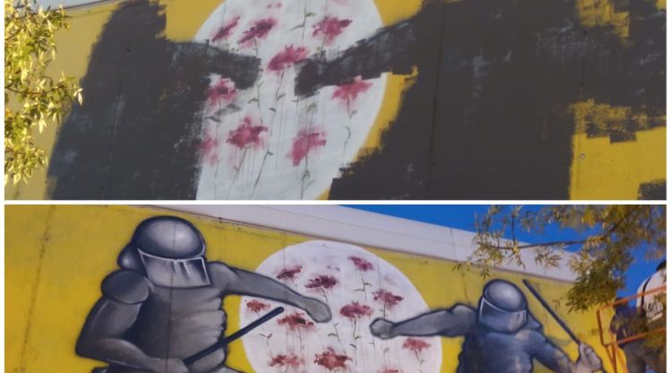 L'estat en què ha quedat el mural que es van pintar en una paret exterior del pavelló de Sant Julià de Ramis