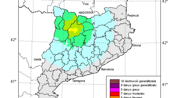 Mapa de l'Institut Cartogràfic i Geològic de Catalunya que mostra una simulació d'intensitats percebudes