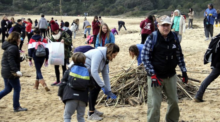 Voluntaris recollint deixalles arrossegades pel temporal a Palamós. ACN