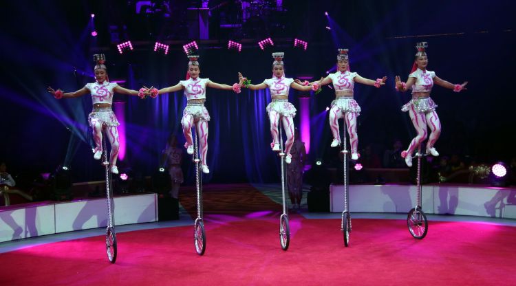 Les artistes de la Yinchuan Acrobatic Troupe actuant a l'Espectacle Vermell del Festival del Circ de Girona. ACN