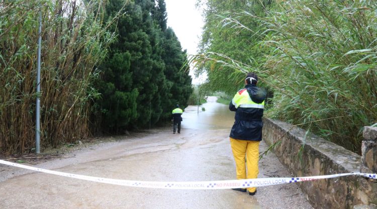 Dos Mossos inspeccionant la mota a la zona del Rec del Molí de Torroella. ACN