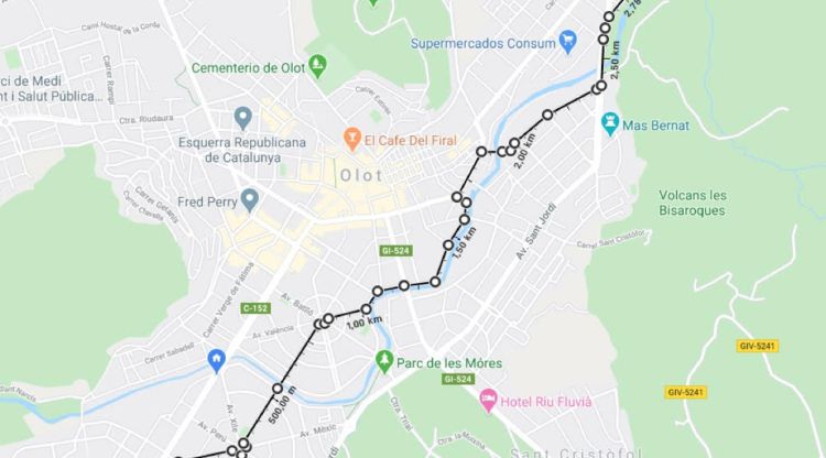 Imatge del mapa amb el recorregut de carril bici provisional durant el desconfinament que proposa ERC a Olot