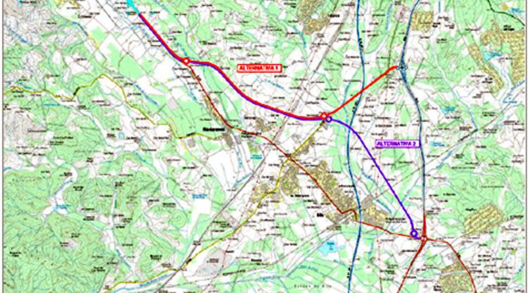 El mapa amb els dos traçats per a la variant de la C-63 a Sils i Riudarenes, que Territori i Sostenibilitat ha tret a informació pública