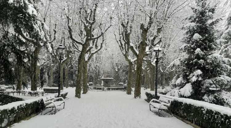 El Parc de la Plaça Clarà d'Olot ple de neu, aquest matí. ACN
