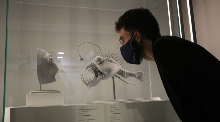 Una persona mirant alguns dels objectes de Pixar que es poden veure a l'exposició del CaixaForum de Girona. ACN