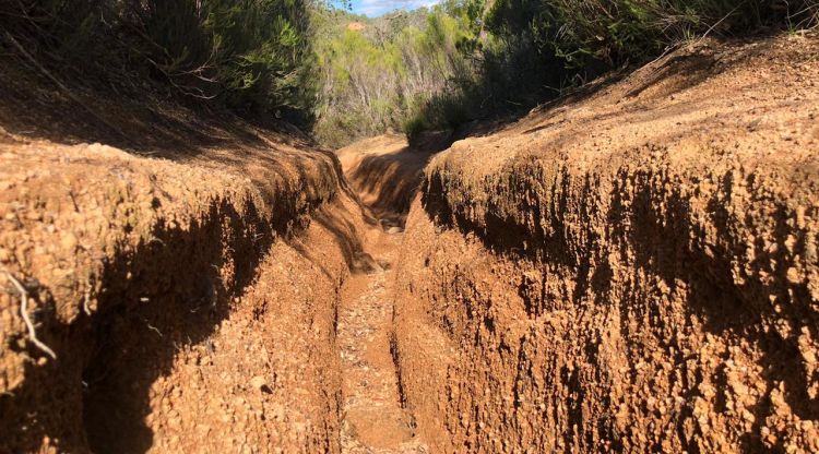 La llera del Ridaura amb les roderes que han deixat vehicles motoritzats. Natura Sterna