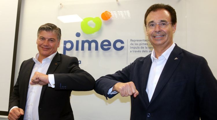 El president de Pimec, Antoni Cañete, i el president de Pimec Girona, Pere Cornellà, aquest matí. ACN