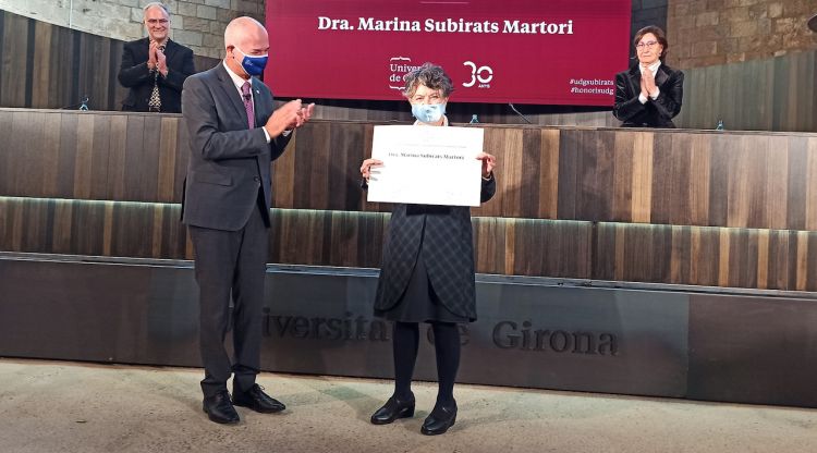 El rector de la UdG, Quim Salvi, i la doctora honoris causa per la UdG, Marina Subirats