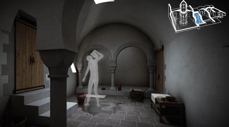 Recreació virtual de la sala d'aigua freda dels Banys Àrabs de Girona que es mostrarà en un audiovisual durant la visita de l'edifici