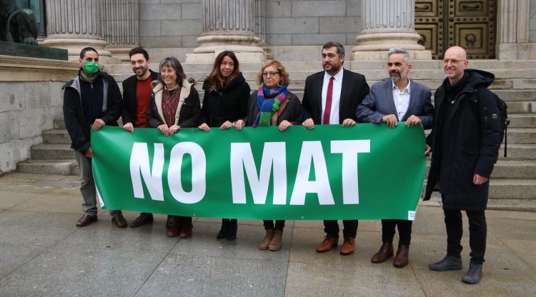 Foto de família de representants de No a la MAT Selva amb diputats gironins del PSC, comuns, ERC, Junts i PDeCAT davant del Congrés. ACN