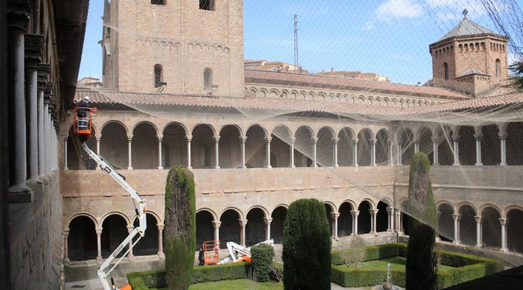 Una grua instal·lada al claustre del Monestir de Ripoll amb la xarxa per fer fora els coloms. ACN