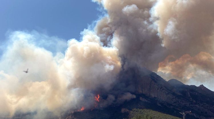 La columna de fum de l'incendi que s'ha declarat entre Peramola i Oliana, a l'Alt Urgell, aquest matí