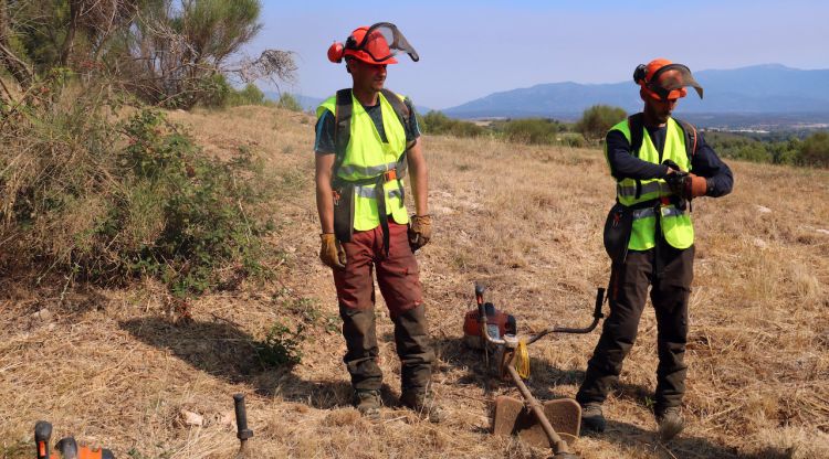 Dos presos que actualment estan en règim obert i es formen en gestió forestal al Puig de les Basses. ACN