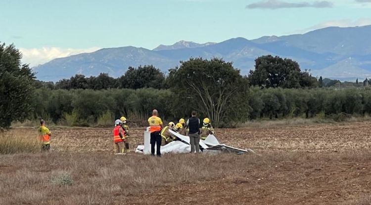 Els efectius d'emergències treballant en l'ultralleuger accidentat a tocar de l'aeròdrom de Viladamat. ACN