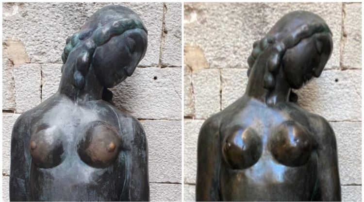 L'escultura 'Imploració' abans i després de ser restaurada