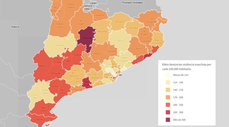 Mapa amb les denúncies per violència masclista per cada 100.000 habitants per Àrea Bàsica Policial (ABP) de gener a octubre del 2022. ACN
