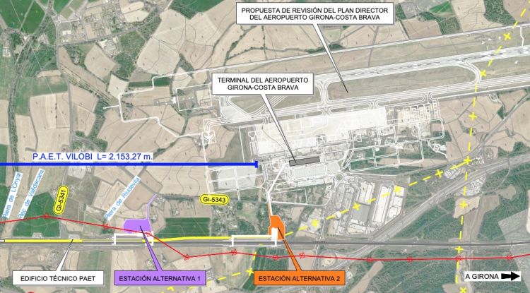 Plànol del projecte amb les dues ubicacions que proposa el Ministeri on situar l'estació del TAV