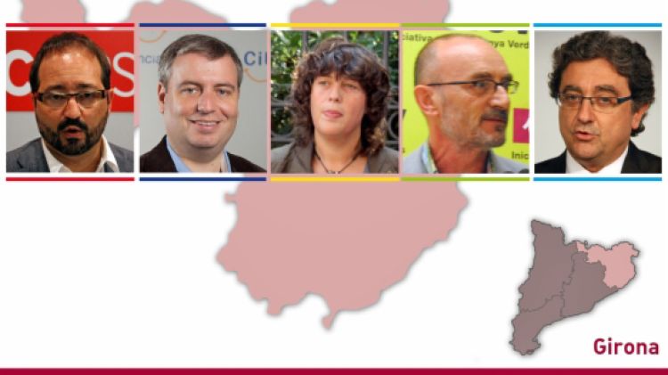 Els candidats Àlex Sàez (PSC), Jordi Xuclà (CiU), Teresa Jordà (ERC-RCat), Marc Vidal (ICV-EUiA) i Enric Millo (PP) © ACN