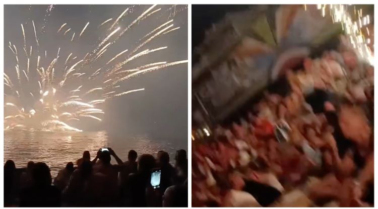 Dos fotogrames de l'incident. A l'esquerra el moment de les guspires que van sortir cap a la platja i a la dreta el moment de l'impacte contra el públic