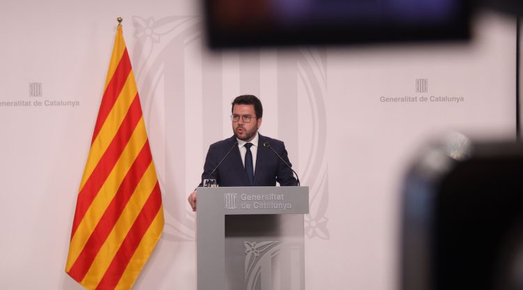 El president del Govern, Pere Aragonès, durant la roda de premsa a Palau. ACN