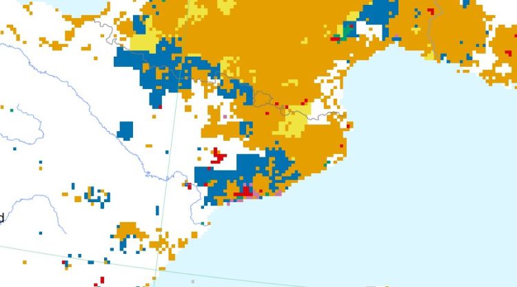 El mapa de l'Observatori Europeu de la Sequera que marca en alerta el Cap de Creus i Torroella