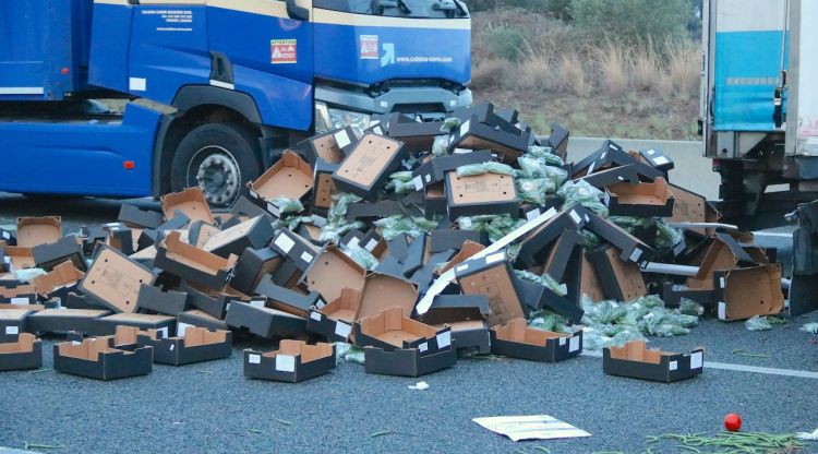 La càrrega d'un dels camions buidada al mig de l'autopista. ACN