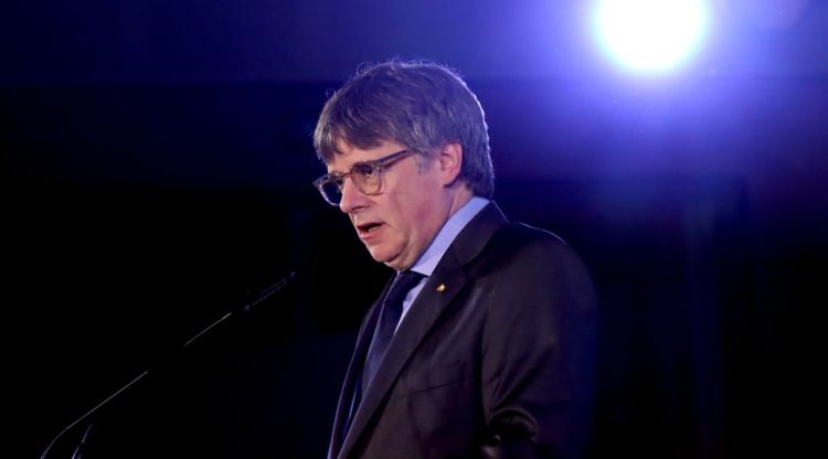 El candidat de Junts+, Carles Puigdemont, durant la seva intervenció a Argeles el dissabte