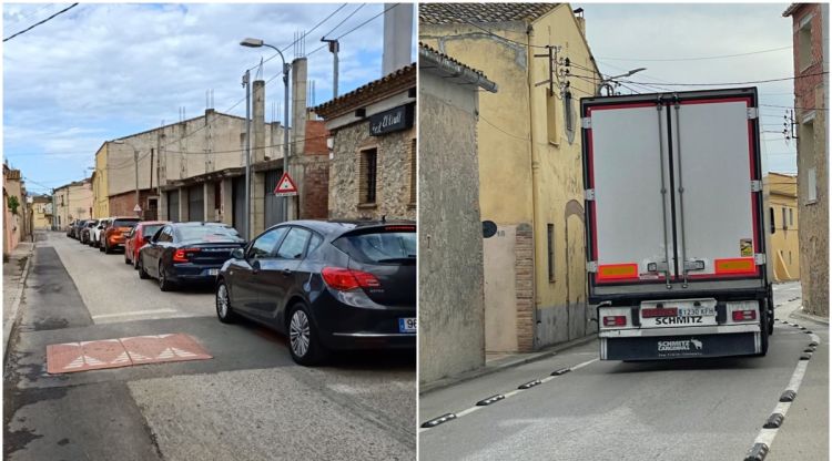 Diversos vehicles circulant per la travessera urbana de Fortià i un camió