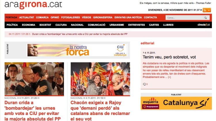 Captura de pantalla de la portada d'AraGirona.cat (arxiu)