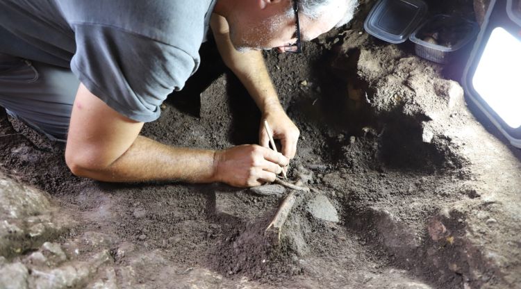 Un investigador treballa en les restes neolítiques del jaciment de la cova del Pasteral