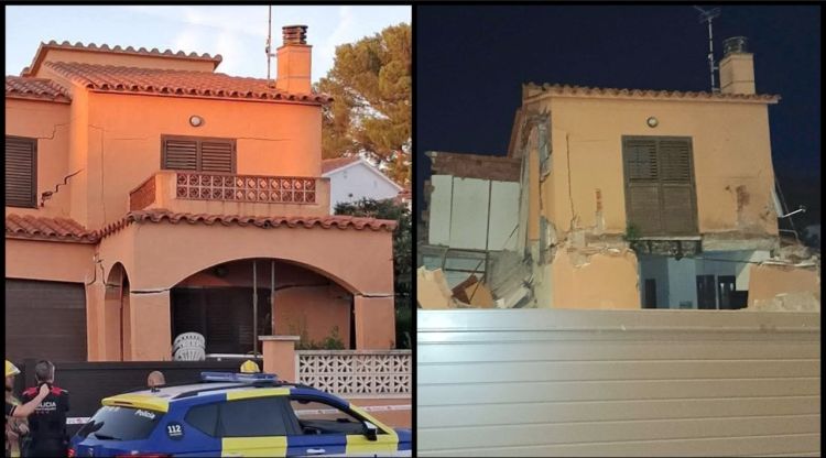 A l'esquerra l'habitatge afectat a les 19h, a la dreta la casa ja esfondrada passades les 23h. Xavier Campos