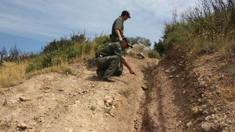 Una patrulla d'agents rurals contemplant el desgast del pas de les motos al terreny © ACN