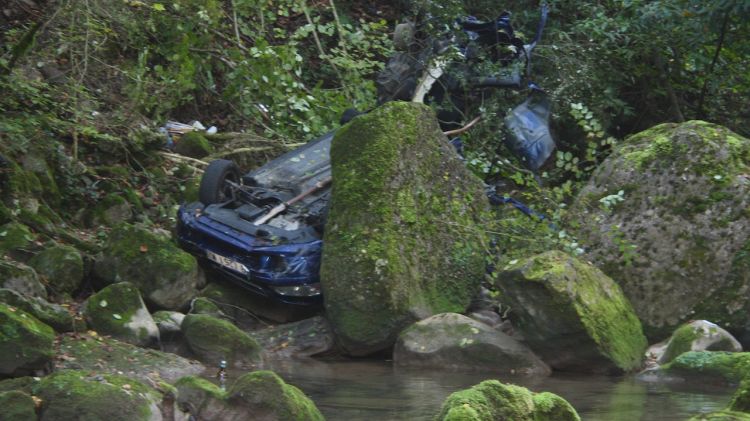 El cotxe va quedar destrossat a tocar del riu després de precipitar-se per un terraplè de vint metres © ACN
