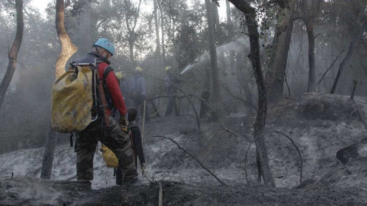 Bombers remullant el terreny boscós que s'ha cremat a Foixà aquesta tarda © ACN